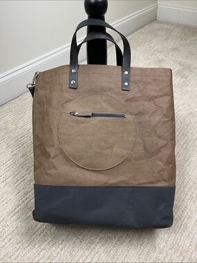 Washable Kraft Paper Tote Bag Brown Black Laptop Work Shoulder Carryall